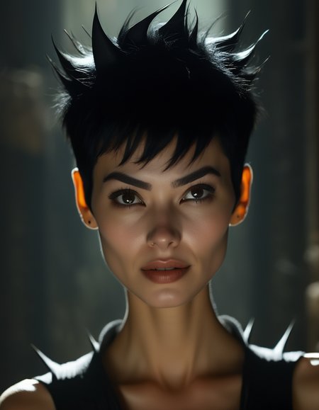 A mysterious portrait of a woman with short, spiky black hair, her angular face half-hidden in shadows, her dark eyes filled with secrets, her lips slightly curved in a knowing, enigmatic smile. <lora:usual-portrait-v2:1>