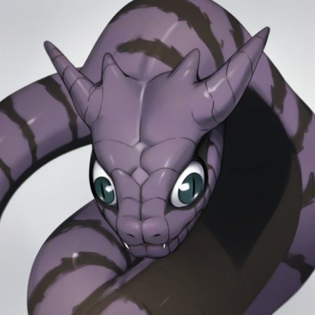score_9, score_8_up, score_7_up,  source_cartoon, cel shading, fca style, Naruto_Manda, snake, slit pupils, green eyes, purple body, body markings, black eye markings, 2 pair of horns, black belly scales,
googly eyes