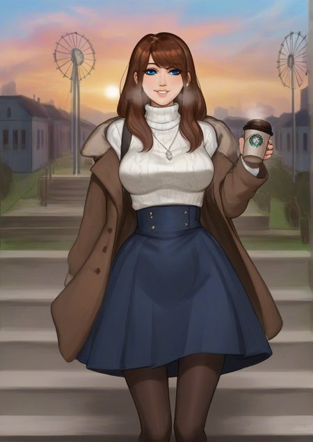 1girl,zPDXL3,aran sweater, black pantyhose, blue eyes, blue skirt, blue sky, breasts, breath, brown coat, cable knit, cloud, coat, coffee cup, cup, daisy, disposable cup, ferris wheel, floating hair, flower, fur-trimmed coat, fur trim, high-waist skirt, holding, holding cup, jewelry, lens flare, light particles, long hair, looking at viewer, multicolored sky, necklace, open clothes, open coat, outdoors, pantyhose, parted lips, pearl necklace, signature, skirt, sky, smile, solo, sunrise, sweater, turtleneck, turtleneck sweater, white flower, white sweater, wind, wind lift, yellow sky <lora:Skrats:1>