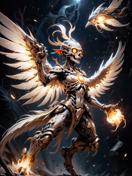 (Mecha:0.3) Skeletal fire infused (raven:1.3) flies through the night sky, behind it scatter (trypophobic feathers:1.4), druidic style magic
