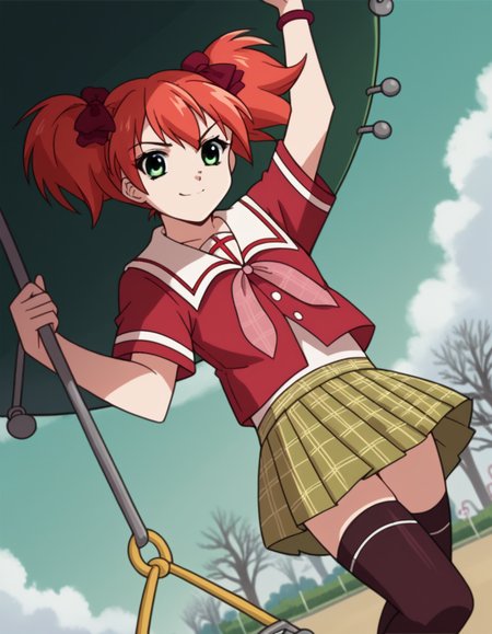 score_9, score_8_up, score_7_up, source_anime, <lora:kokoa-shuzen-s2-ponyxl-lora-nochekaiser:1>, kokoa shuzen, twintails, green eyes, red hair, hair bow, short hair,, skirt, thighhighs, school uniform, black thighhighs, plaid, serafuku, red shirt, short sleeves,, public park, playground, swing set, laughter, sunny day, , smile, looking at viewer, solo,, dutch angle, cowboy shot