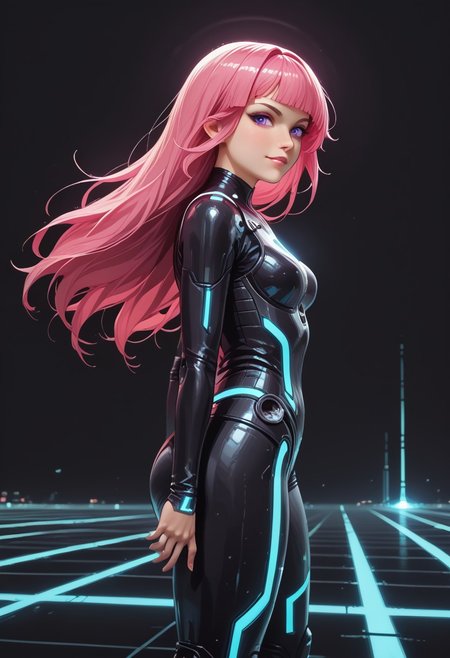 score_9, score_8_up, score_8, masterpiece, best quality, good quality, very aesthetic, absurdres, newest, 8K, depth of field, focused subject, dynamic angle, side view,  1girl,solo, CivChan, android,  holofoil glitter, faint, glowing, ethereal, neon hair, glowing hair, long hair, purple eyes, bodysuit, standing looking sweet, stance, coy,  looking at viewer, happy, emote {), sci-fimasterpiece, best quality, good quality, very aesthetic, absurdres, newest, 8K, depth of field, focused subject, dynamic angle, side view, 1girl,solo, CivChan, android, holofoil glitter, faint, (glowing:1.5), ethereal, neon pink hair, glowing hair, long hair, neon purple eyes, looking at viewer, serious, zzCitronLegacy, 
Looking like the character Gem from the movie Tron Legacy,  black suit with glowing purple circuits, thick thighs, white boots, black eyeliner, mischievous expression, rides a TRON Motorbike, tron, giant bike, with angular Speed trail, in a Neon landscape, towering (geometric) structures, dark with vibrant electric-cyan highlights, cinematic sci-fi lighting, Shot with wide-angle lens, motion blur, ultra-detailed, photorealistic Tron style, black background elements, giant cyan glowing grid across the entire background,