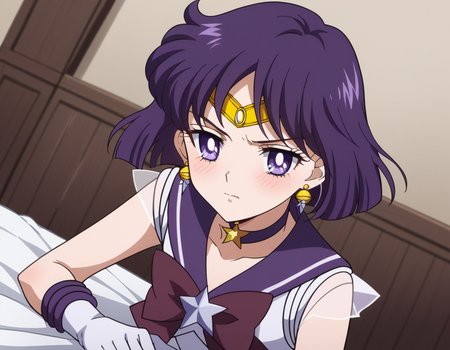 score_9, score_8_up, score_7_up, source_anime, <lora:hotaru-tomoe-eternal-movie1-ponyxl-lora-nochekaiser:1>, hotaru tomoe, purple eyes, short hair, purple hair, circlet,, brooch, choker, earrings, gloves, jewelry, magical girl, miniskirt, purple sailor collar, sailor collar, sailor senshi uniform, skirt, star choker, white gloves,, indoors, bed, bed room, on side, blush, drunk, looking at viewer, solo,, cowboy shot, dutch angle