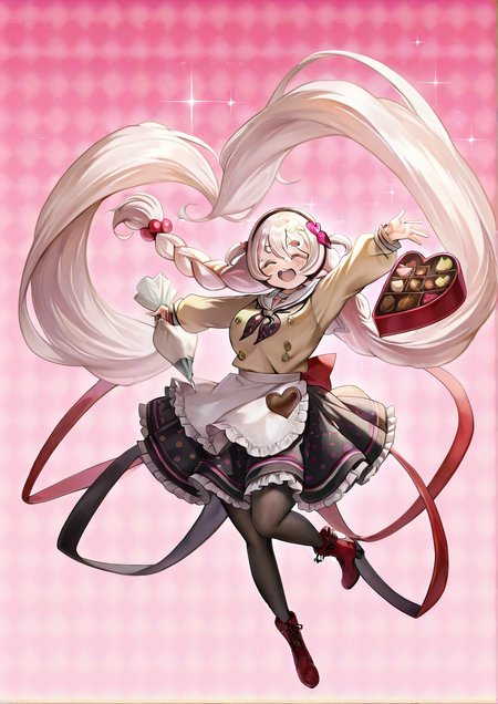 <lora:ren:1>,1girl, momoe nagisa, momoe nagisa (valentine ver.), detailed background, huge breasts, wide hips, :>, ^_^, ankle boots, apron, argyle, argyle background, beige shirt, black neckerchief, black pantyhose, black skirt, boots, braid, candy, child, chocolate, chocolate hair ornament, closed eyes, dot nose, floating hair, food, frilled skirt, frilled sleeves, frills, full body, gradient background, hair between eyes, hair bobbles, hair ornament, happy, heart, heart-shaped chocolate, heart hair ornament, laughing, light blush, long sleeves, magical girl, multicolored clothes, multicolored skirt, neckerchief, official alternate costume, official alternate hairstyle, open mouth, outstretched arms, pantyhose, pastry bag, pink background, polka dot, polka dot neckerchief, polka dot skirt, red footwear, red ribbon, ribbon, sidelocks, skirt, solo, soul gem, sparkle, standing, standing on one leg, tareme, twin braids, waist apron, white apron, white hair, 
very awa, masterpiece, best quality, highres, absurdes,amazing quality
