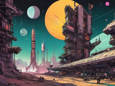 inkpunk style IPXColor illustration of  a large interstellar spaceport <lora:IPXL_v2:0.55>