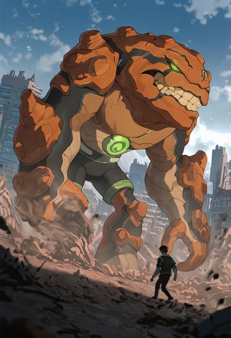 masterpiece, best quality, amazing quality, very aesthetic, absurdres, newest,, detailed background, 
 movie scene, cinematic scene, cinematic, 
gravitack, crooked teeth, 1boy, armor, monster, green eyes, solo, massive arms, big hands, brown skin, 
giant, walking through city, side view, foreground blur, depth of blur, destroyed city,