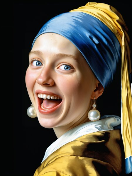 girl with pearl earring with hysterical laughter, by Jan Vermeer