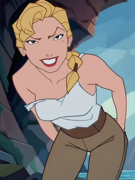 score_9, score_8_up, score_7_up, 1girl, leaning forward, cavern, rocks, water, detailed background, detailed background, smile, looking at viewer, smile, cowboy shot, (dynamic pose:1.1), dynamic angle, striped, undressing, sexually suggestive, from below,
 <lora:HelgaSinclair_character:1>,HelgaXLP, blue eyes, blonde hair, single braid, mole under eye, lipstick, white shirt, belt, brown pants, no bra, tank top, anime screencap,