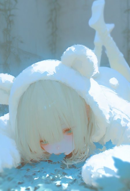 7481llu, NzQ4, masterpiece, best quality, amazing quality, very aesthetic, absurdres, newest, (scenery, volumetric lighting), 8K, depth of field, focused subject, perfect eyes,  painterly, 1girl,white teddy bear costume, blonde, , wall, leaves, vines, the pose,