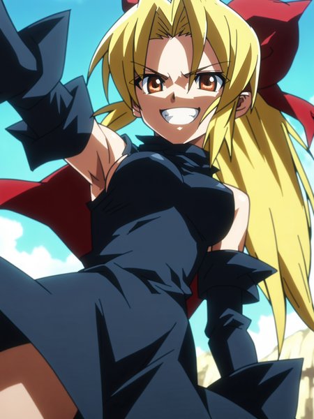<lora:happy_tentacle-seto-v0.4-000011:1>, ht_seto, hair bow, black dress, turtleneck, detached sleeves, , medium breasts, blonde hair , outdoors cowboy shot, 1girl, (petite:1.2), solo focus, crazy smile, (looking at viewer:1.1), , (depth of field:0.8), (from below:0.8), score_9, score_8_up, score_7_up, score_6_up, score_5_up, score_4_up,