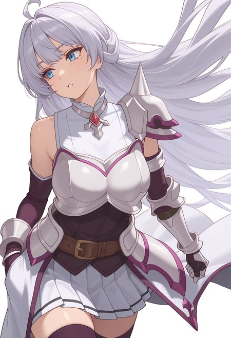 Smooth Quality,masterpiece,very intricate, high quality details, ultra realistic, high detailed skin,detailed enviorement,absurdres,
simple background, white background,
sideways,parted lips,walking pose, one hand in pocket, head slightly turned, casual stride, confident aura,  ,
 <lora:Crylet_Kureha_cnn:0.8>kurehacnn,1girl,bangs, blue eyes, ahoge, mole,  bare shoulders, grey hair, very long hair,armor, skirt, thighhighs, detached sleeves, breastplate, belt, shoulder armor, gauntlets,