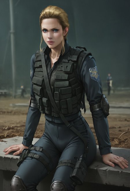 score_9, score_8_up, score_7_up, score_6_up, source_realistic, cowboy shot, BREAK 1girl, Angelamiller, blonde, pulled back hair, ponytail, blue eyes, swat uniform, tactical vest, elbow pads, thigh holster, sitting,
