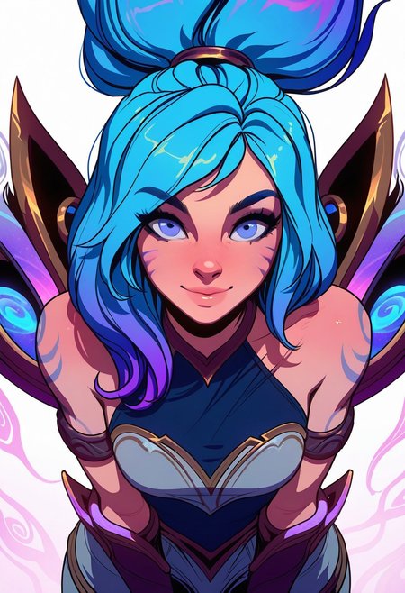 Artist : Tsuaii, Artist : Incase, flat colors, high detailed, high quality, masterpiece, 
1girl, upper body, (white background), dynamic lighting, standing, looking at viewer, cowboy shot, 
eye reflection, smile, (Janna league of legends:2),