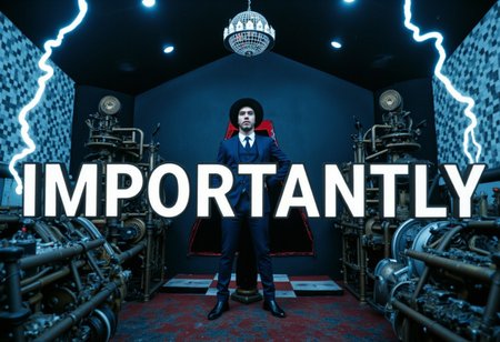 the words 'IMPORTANTLY' written in large font fills the front of frame. In the back of frame weird man with in a dark room with checkerboard blue lotus PEOPLE ARE trapped inside machinery, people crushed inside mechanical gears, high gore arms crushed and bent, signs of wailing, people in business suits trapped in machinery. floors with blood on the ground with a white interior cyber tech electricity electical circuits illuminati symbols with brains and vaginas with high technology alchemical background lightning bolts