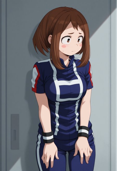 masterpiece, best quality, amazing quality, 1girl, solo, <lora:Illuraraka:1> illuraraka, brown hair, short hair, blush stickers, brown eyes, blue track pants, wristband, sportswear, short sleeves, u.a. gym uniform,