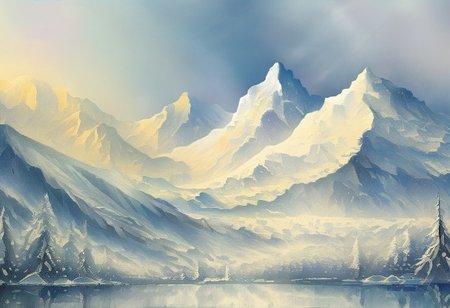 oil painting,OByouhua, A classic oil painting capturing a snow-covered mountain range, with majestic peaks piercing the frosty sky. The snow is rendered in a variety of shades, from pristine white to icy blues and grays, with carefully layered brushstrokes to depict depth and texture. The light, reflecting off the snow, creates a dazzling spectacle.
Show less