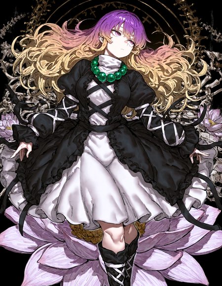 1 girl,, hijiri_byakuren,bead_necklace ,beads, black_background ,black_dress, black_footwear ,black_sleeves ,blonde_hair ,boots, closed_mouth, collar ,cross-laced_clothes ,cross-laced_footwear ,cross-laced_sleeves ,dress, expressionless ,flower, frilled_dress ,frilled_sleeves, frills ,full_body, gradient_hair, jewelry, juliet_sleeves, layered_dress, light_frown, long_hair, long_sleeves, looking_ahead ,lotus ,medium_dress ,multicolored_hair ,necklace ,prayer_beads ,puffy_sleeves ,purple_eyes, purple_hair , skeletal_hand, sleeves_past_wrists ,solo ,thigh_boots, turtleneck, turtleneck_dress ,white_collar ,white_dress ,white_flower,
, munakata_(sekimizu_kazuki),dekosukentr ,ireading,kubo_tite_(style) ,remyaruku65, ,
,masterpiece, best quality, newest, absurdres, highres,
, <lora:add-detail-xl:0.5>,  <lora:USNR STYLE_XL_loha:0.6>, <lora:cfg_scale_boost:0.4>,
