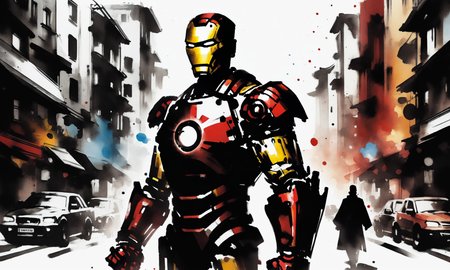<lora:cipcd_xl-000005:0.9>,a colorful theme cipcd_xl painting,iron man standing in street,looking at viewer,upper body,solo,white background,simple background,simple detailed,8K,HDR,UHD,masterpiece,best quality,high resolution,wallpaper