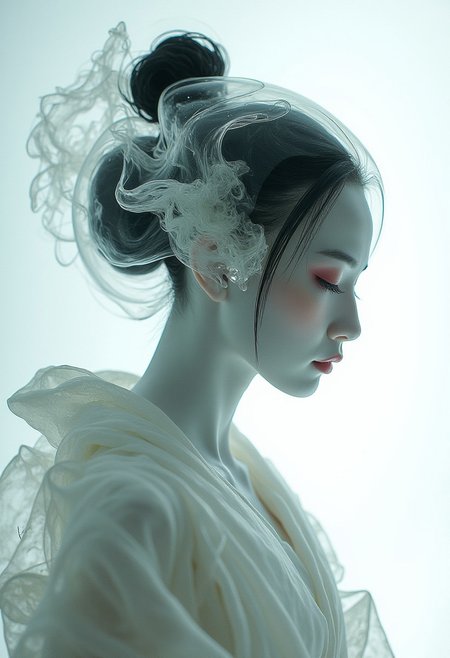 A geisha in Sorayama style with a thick layer of clear glass head and face, flowing fractal beneath the surface, elegant kimono pose made of glass, white angelic scene, futuristic,  <lora:models\Flux\Elden_Ring_-_Yoshitaka_Amano:0.75>,,