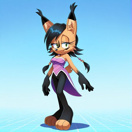 <lora:nicole_lynx_illustrious-000010:1>,  (masterpiece), (best quality), (ultra-detailed), amazing quality, very aesthetic, illustration, perfect composition, intricate details, absurdres, incredibly absurdres, nicole the lynx, 1girl, breasts, looking at viewer, smile, short hair, gloves, bare shoulders, jewelry, green eyes, standing, tail, full body, pantyhose, black pantyhose, strapless, half-closed eyes, sonic the hedgehog \(series\), furry, furry female, black hair, animal ears, animal nose, animal ear fluff, solo, solo focus, body fur, brown fur, facial markings, 1girl. solo,