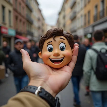 Photo of a smiling face in a hand ,it in the street,perfect composition,professional photo