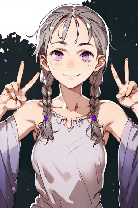 score_9, score_8_up, score_7_up, 1girl, naughty smile, dark_grey hair, side-swept_fringe, tri_braids, purple eyes, medium breasts, double_v, harbor, no light <lora:toi8_PonyXL_style_v01:1>