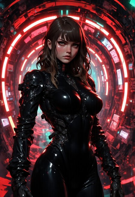 This is a highly stylized CGI rendering of a young woman standing in a futuristic, neon-lit tunnel. The background features a series of arching, glowing neon lights that create a tunnel-like effect, with red and green hues dominating the scene. The woman, who appears to be in her early 20s, has fair skin and wavy, shoulder-length brown hair with bangs. She has a slender physique and is wearing a form-fitting, black latex bodysuit with a high collar, accentuating her small to medium-sized breasts and hourglass figure. The latex material is glossy, reflecting the neon lights, giving it a sleek and futuristic appearance. Her expression is intense and slightly pensive, with her lips slightly parted and her eyes gazing directly at the camera. The overall atmosphere of the image is modern and edgy, with a strong emphasis on the contrast between the woman's dark attire and the vibrant neon lighting. The textures of the latex and the neon lights are rendered with a high level of detail, giving the image a hyper-realistic quality.
BREAK anime, OBdonman, d13s3lp2nk, mad-mdrnmnmlsm, bboil artist style