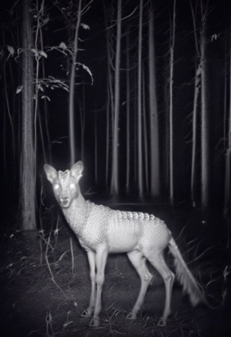 score_9, score_8_up, score_7_up, score_6_up, score_5_up, score_4_up, rating_safe, horror_theme, kirin_(mythology), solo, frown, looking at viewer, open mouth, feral, detailed, short, short body, face close up, detailed, dark forest, glowing eyes, droopy ears, crawling, forest, side view, cctv, night, overexposure,dark,motion blur,blurry background,grayscale,low quality, photo, irl, monochrome, head turned, looking at viewer, looking at you, grainy footage
