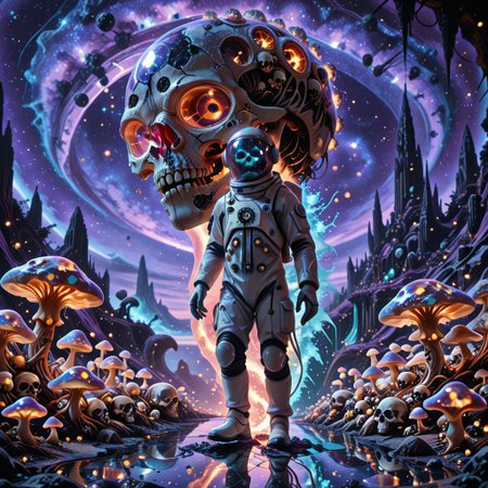cf_style, skullthemeXL, outer space lighting, soft blue bioluminescence, cartoon realism, atmospheric depth,
(1 curious cat), wearing reflective astronaut suit with cracked glass helmet, floating slightly above ground.  
Standing on a rocky alien terrain made entirely of layered skulls and fossilized bones, glowing mushrooms growing from sockets.  
Background shows giant bone spires under a purple sky with a visible gas giant and asteroid ring.  
Light particles suspended in low gravity, visor reflecting eerie landscape. Soft rim lighting and deep-space shadows.