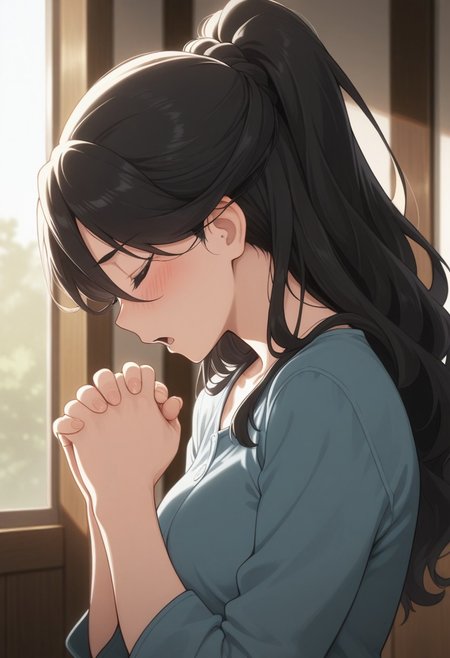 masterpiece,best quality,amazing quality, mishiro joumu, black hair, ponytail, long hair, 1girl, closed eyes, solo, blush, open mouth, praying, own hands together, hair down