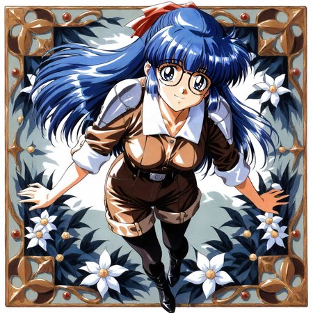<lora:RC_maria_custardXLanimagine001>,
masterpiece,high score,great score,absurdres,
flower background,glitter,
smile,
looking at viewer,
solo,
anime coloring,retro artstyle,1990s (style),
maria_custard\(rance_series\),1girl,blue hair,half updo,hair ribbon,long hair,blue eyes,glasses,
brown shirt,wide collar,silver shoulder pad,sleeves rolled up,
brown shorts,
black_pantyhose,black boots,
full body,
straight on,standing,
