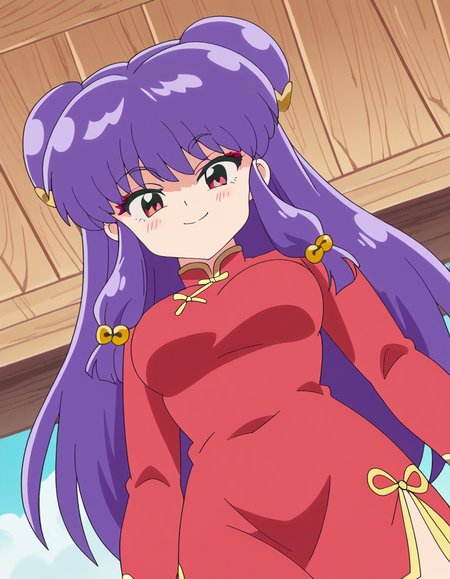 score_9, score_8_up, score_7_up, source_anime, <lora:shampoo-s1-ponyxl-lora-nochekaiser:1>, shampoo, shampoo (ranma 1/2), long hair, hair ornament, red eyes, purple hair, hair bun, double bun, medium breasts, anime screencap,, dress, chinese clothes, china dress, red dress, long sleeves,, amphitheater, seats, outdoor, stage, large, smile, <lora:pec-pov-ponyxl-lora-nochekaiser:1> pec pov, pec pov (meme), meme, looking down, from below, blush, cowboy shot, looking at viewer, solo,, dutch angle, cowboy shot