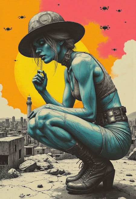 In a gritty cyberpunk landscape, an eerie and haunting digital illustration presents the extreme close-up of a female indigenous Australian lighthouse keeper. With golden age aesthetics blending seamlessly with contemporary elements, she exhibits wholesome features characterized by deep blue eyes, small ears, a strong jawline, sculpted ankles, platinum blonde textured haircut, and contentment etched onto her face.  The lighthouse keeper dons tech-mesh culottes, augmented reality bustier with holo-metallic combat boots, a wide-brim hat featuring solar-powered belt buckle, and techno-lace adornments. She crouches low, arms close to her body, and eyes darting around in an agile stance that mimics stealthiness. Her appearance is weathered yet menacing, with an unnerving smile revealing striking eyes and grotesque features.  Accompanied by another figure whose hand she grasps, the lighthouse keeper embodies companionship amidst a bleak cityscape under constant surveillance from hovering drones. The artwork's background is a vibrant neon fluorescent monochromatic gradient in bleached tones combined with gray and white color grading for an intensely dramatic effect, capturing the grimy luminance of the dystopian world., <lora:Litograph_Art_Style_for_Flux_-_by_Ethanar:0.5> Lithograph,<lora:Chris_Luka:0.5> Chris Luha art,<lora:Dark Visions:0.5> darkvisions,<lora:Teal Sunset v2.0_epoch_3:0.5>