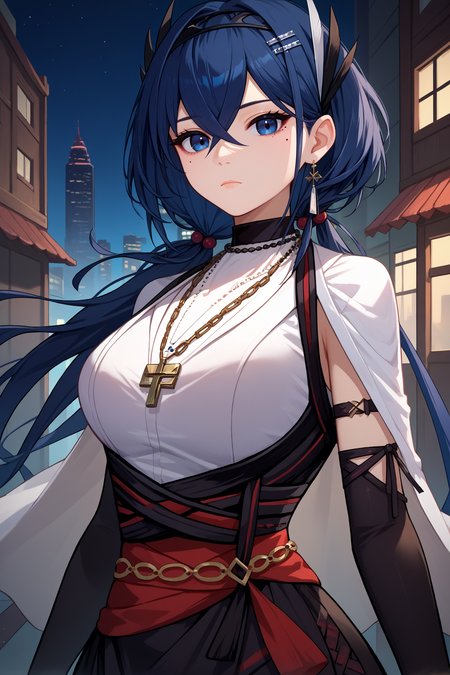 score_9, score_8_up, score_7_up, score_6_up, source_anime, 1girl, solo,   <lora:cantabile-pdxl-nvwls-v1:1> cantabile, dark blue hair, dark blue eyes, mole under eye, long hair, hair ornament, hairband, necklace, white shirt, sleeveless shirt, black dress, red sash, black gloves, elbow gloves, black thighhighs, upper body, looking at you, expressionless, night, city, portrait, large breasts