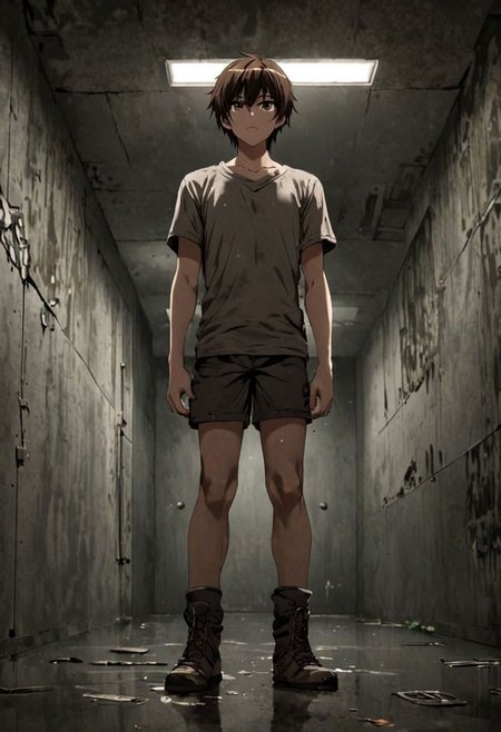 Highres, Masterpiece, High Quality, 4K, 8K, solo, 1Boy, Seiya Kanie, short dark brown hair, golden eyes, interrogation room, kidnapper, basement, dark, dimly lit, concrete walls, eerie, abandoned room, damp, stuffy, concrete floor, satisfied expression, revenge, looking down at viewer from bottom, threatening, intimidating, dominant, standing on top, weapons, rulers, easynegative, detailed_eye_model