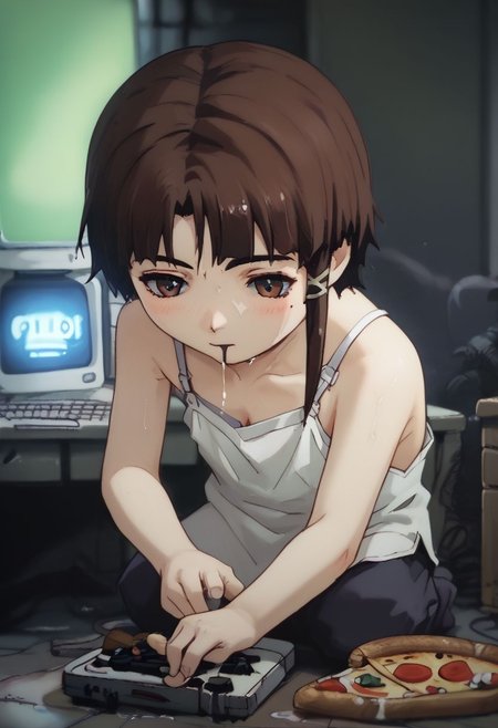 score_9, score_8_up, score_7_up, score_6, source_anime, lain, kneeling, chibi, kawaii, white camisole, eating pizza on computer desk, eating pizza over computer keyboard, eating pizza, dirty,
(((pizza on keyboard))), side view, pizza box, dark computer room, watercooling systems, computer screens, computer room, computers, computer cables, networl cableslain's bedroom, ((low light, pitch dark)), dark night, dark ambiance, (((puddles, wet floor))), night, teddy bears background