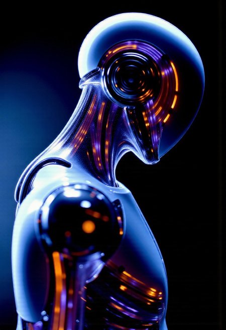 faceless android in the style of ckfa. Modular humanoid design. Future AI robot. 
Fractals and bokeh swirl in brilliant shades of blue, purple and red. burned colors glowing with orange heat. Bands of white light dash across the canvas. High saturation and contrast. sharp lines come into focus.
high-contrast palette, highly detailed, cinematic quality, modern art, timeless feeling || DarkAtmosCE style, vantablack, Rembrandt Lighting style, partially covered in shadows, Chiaroscuro Lighting Style, Covered in shadows