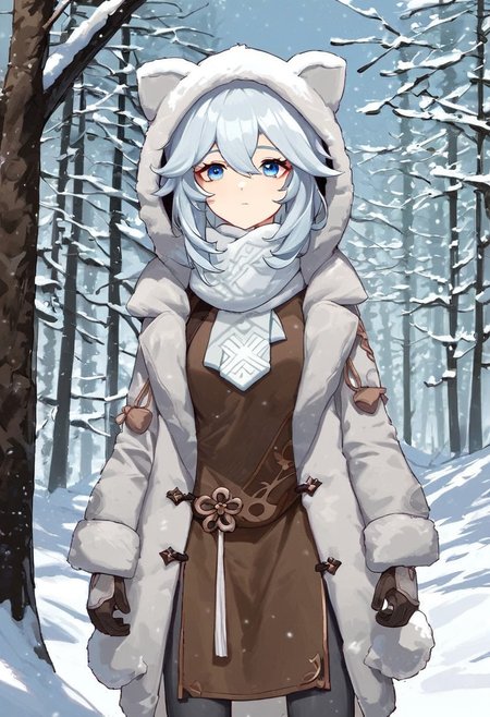 Score_9, score_8_up, score_7_up, Genshin Impact Style, source_anime, snow, ice forest, 1girl, solo, 
White hair, fur hood over hair, grey fur hood, fur snow coat, pale blue eyes, standing, facing viewer, staring at viewer, brown cloth around chest, white cloth around chest, white ragged cloth, white ragged scarf, white snow gloves, grey fur boots, dark grey pants