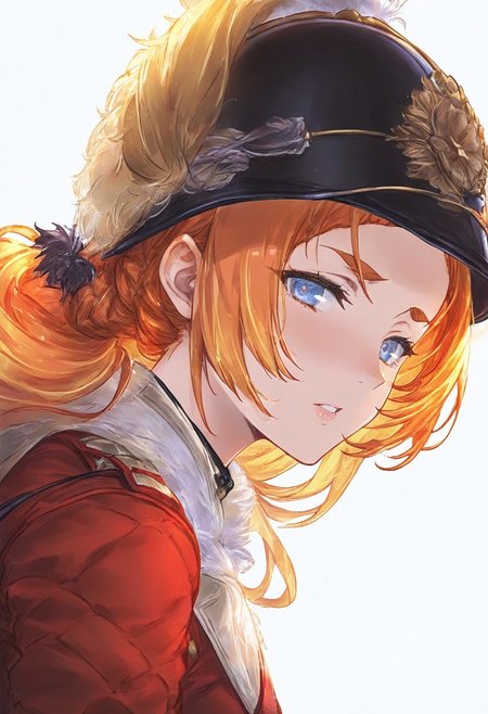 gbf_style, redcoat,, 18cera, napoleonera, victorianera, ww1era, amazing quality, masterpiece, great quality, high detail, hdr, high definition, simple background, white background, alone, solo, close up, portrait, side view, 1woman, adult, adult woman, prussian helmet, blue eyes, slim eyebrows, orange hair, long hairstyle, english clothes,