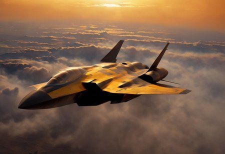 A single stealth fighter jet flies just feet above a thick cloud cover, with the sun behind it, casting a stunning yellow and orange glow over everything. The aircraft features a sleek V-wing design, reminiscent of Lockheed and Boeing's conceptual art for fifth-generation fighters and top-secret space planes. This scene evokes elements of the B-2 bomber and advanced military drones, suggesting cutting-edge technology and futuristic warfare.
Imagined as a high-detail, hyperrealistic painting, this piece combines the artistic styles of Jason Felix, Robert Peak, and John Luke, blending the realism of a movie still with the grandeur of a masterpiece. The jet, possibly part of a secret project at Roswell Air Base or a NASA endeavor, is rendered in award-winning, super high-resolution quality, suitable for 4K, 8K, or even 16K displays.
