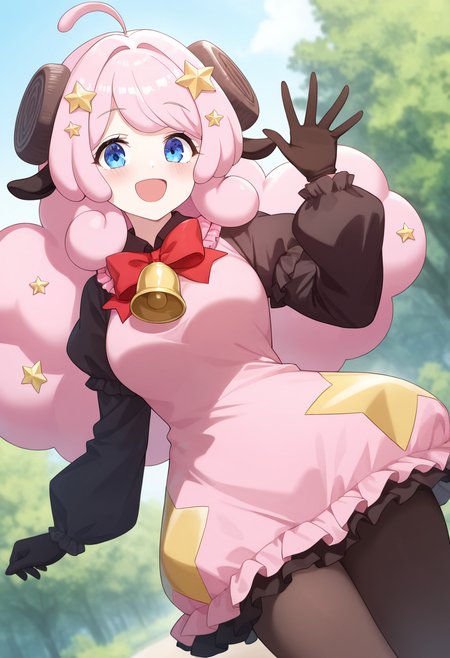 1girl,solo,moa_(show_by_rock!!),<lora:moail:0.9>,blue eyes,ahoge,long hair,pink hair,horns,sheep ears,sheep horns,star hair ornament,star (symbol),pink dress,long sleeves,puffy sleeves,black sleeves,bell,red bow,star (symbol) skirt,pantyhose,gloves,park,smile,open mouth,waving,looking_at_viewer,cowboy_shot,dynamic_angle,masterpiece,best quality,good quality,newest,incredibly absurdres,
