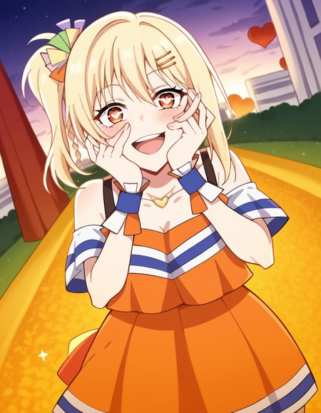 score_9, score_8_up, score_7_up, source_anime, <lora:ai-miyashita-saikou-heart-mv-ponyxl-lora-nochekaiser_r1:1>, ai miyashita, bangs, blonde hair, hair ornament, orange eyes, braid, sidelocks, medium hair, side ponytail, orange eyes, french braid,, skirt, thighhighs, jewelry, collarbone, necklace, off shoulder, tank top, wristband, cheerleader, pom pom (cheerleading), orange skirt, gyaru, heart necklace, city street, evening, streetlights, walking dog, quiet neighborhood, gentle breeze, , <lora:yandere-trance-ponyxl-lora-nochekaiser:1>, yandere trance, yandere, hands on own cheeks, hands on own face, crazy eyes, crazy smile, crazy, heart-shaped pupils, glowing eyes, symbol-shaped pupils, hand on own face, open mouth, glowing, blush, looking at viewer,, looking at viewer, solo,, dutch angle, cowboy shot