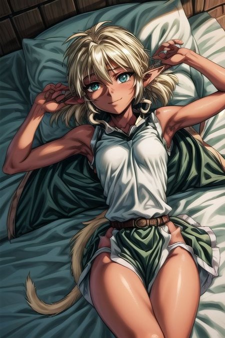 best quality, ultra-detailed, (1girl, solo,fam, unkempt hair, blonde hair, (green eyes:1.5), Seductive Eyes, pointy ears, Small breasts, dark skin, dark-skinned female, elf, long pointy ears, tail, smile, tutu skirt, Cape, Shy, Lying, Lying Back, Lying down, sweat, solo focus, lying, armpits, on back pillow, bed, sleeveless,