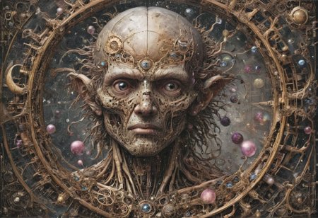 (full body portrait), ((an Ancient old man with extremely long hair down to the ground, siting on a space mushroom, in an intricate interstellar spacesuit holding a huge alien crystal ball, glowing, and blowing out many huge smoke rings)), (A myriad of unique detailed eyeballs all look at the subject), intricate, (old:1.7), by Moebius and H. R. Giger, Da_Vinci, vitruvian, hyper detailed perfect hands, award winning on artstation.com,(intricate details, masterpiece, best quality:1.4), looking at viewer, dynamic pose, wide angle view, dense fog, Different shades of wisteria and grape, embellished with gold decoration, fractal art, in the style of nicola samori, Intense gaze, Bright... ,Model, expression, anthro, Rainbowiridal palette eyes, Shiny..., Bright..., Intense gaze, hombre eyes, ink drawing, anatomical, Da_Vinci, vitruvian