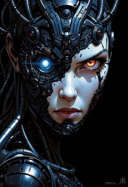 A digital illustration portrait in the style of ck-js, depicting the regal yet terrifying queen of a Borg-inspired collective. Her posture is commanding, her gaze intense and unnervingly calm, conveying absolute authority derived from the hive mind. One side of her face is a complex lattice of dark cybernetics, micro-tubules, and polished black plating merging flawlessly with her pale skin. A single, prominent glowing optic lens (cool blue or menacing red) surveys her domain, while her organic eye remains piercingly intelligent. A visible metallic spinal column and integrated armor plating suggest her body is more machine than flesh, perhaps forming a dark, technological 'crown' structure around her head. Dramatic, chiaroscuro lighting highlights the cold perfection of her augmented form. Focus on cybernetic royalty, the chilling allure of the collective mind, and emotionless power.