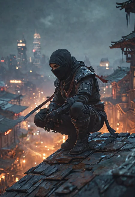A ninja crouches atop a roof, dark night dystopia, 4k, artstation, concept art, cinematic lighting<lora:add-detail-xl:1> <lora:MJ52:0.5>