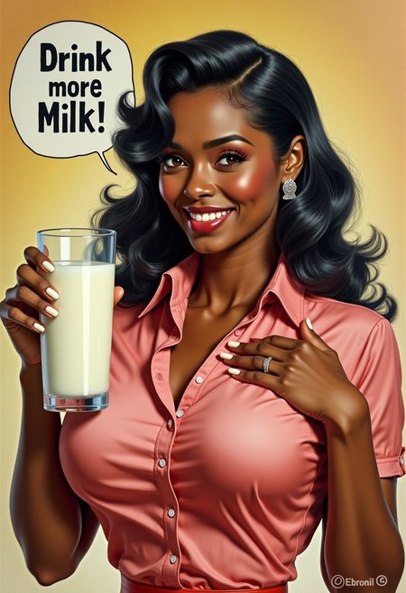(((Ebony Girl))). Pinup poster of a gorgeous woman in the 50s style, She is painted very realistically, the title of the poster is written "Drink more milk!", She has a large glass of milk in her hand, she lifts her breast with the other hand, she smiles a little embarrassed and her face is red with shame. Her shirt completely covers her huge breasts. Graphic background with motifs from the fifties.