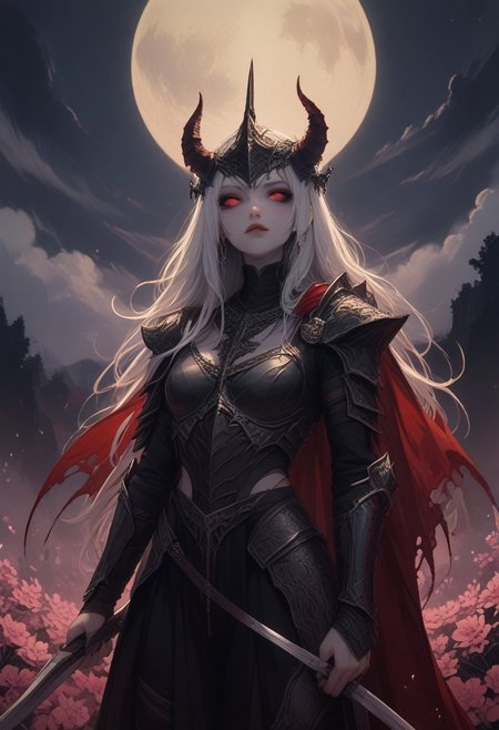 score_9, score_8_up, score_7_up score_9, score_8_up, score_7_up, score_6_up, score_5_up, score_4_up,
 <lora:GothGirlAestheticV5-000015:1> g0th,
weapon, moon, armor, sword, flower, holding weapon, helmet, holding sword, holding, solo, full moon, long hair, outdoors, cape, sky, red cape, night, horns, pink flower, standing, cloud, shoulder armor, japanese armor, white hair