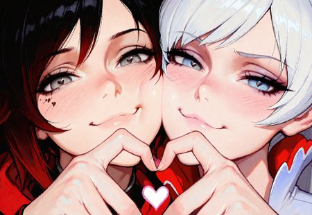 (masterpiece,best quality,highres,absurdres,amazing quality,very aesthetic), (ilya kuvshinov:0.5), weiss schnee, ruby rose, rwby, (multiple girls, side-by-side), cheek press, yuri, cheek-to-cheek, face focus, looking at viewer, smug, blush, heart hands, heart hands duo