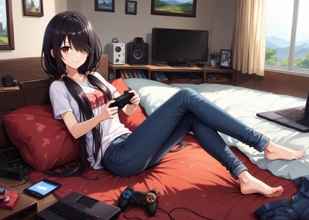 score_9, score_8_up, score_7_up, score_6_up, score_5_up, score_4_up, , scenery, masterpiece,  best quality, very aesthetic,, game controller,  ,wooden floor, keyboard (computer), , disposable cup,  , phone, laptop, , cellphone, controller,bed, messy room,TV,
,  looking at viewer, laying, modeling on bed,  <lora:Kurumi_Tokisaki:0.8> black hair, red eye, long hair, twintails, hair over one eye, yellow eye, heterochromia, clock eye black, tshirt, jeans, sitting, smiling,legs kicking, ,smiling, , looking at television,,
